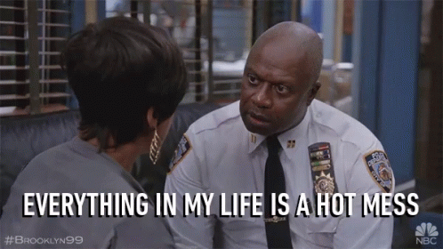 A Man In A Police Uniform Is Talking To A Woman And The Caption Says Everything In My Life Is A Hot Mess GIF