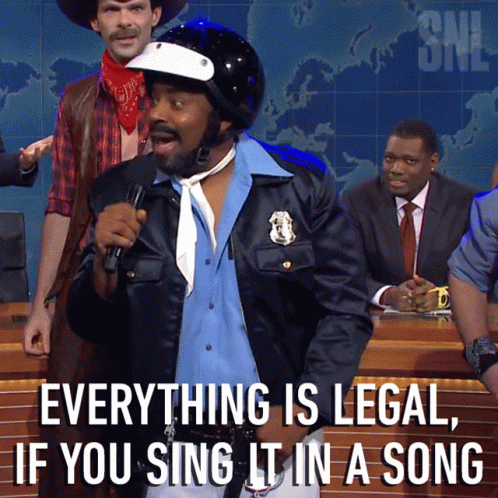 A Man In A Police Uniform Singing Into A Microphone With The Words Everything Is Legal If You Sing It In A Song Below Hi GIF