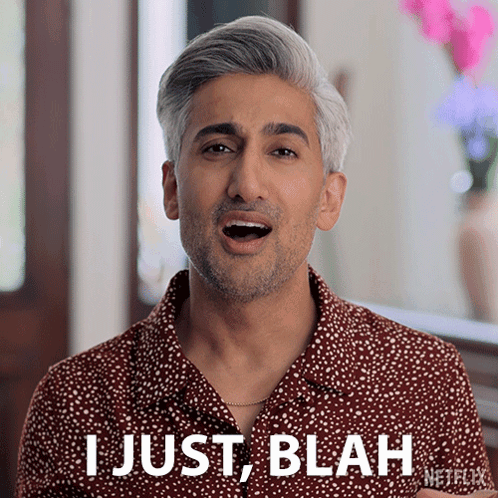 a man in a polka dot shirt is saying " i just blah "