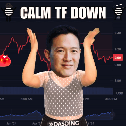 a man in a polka dot top stands in front of a graph that says " calm tf down "