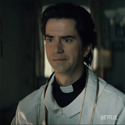 A Man In A Priest 'S Robe With A Netflix Logo On The Bottom GIF