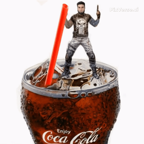 A Man In A Punisher Shirt Is Standing On Top Of A Cup Of Coca Cola GIF