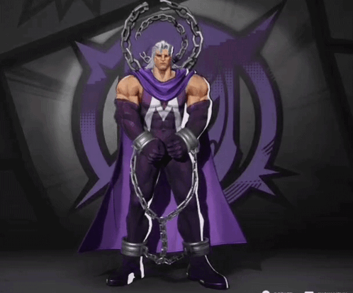 A Man In A Purple Cape And Chains Stands In Front Of A Purple Star GIF
