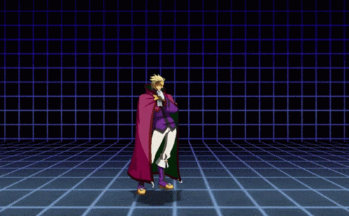 A Man In A Purple Cape Is Standing In Front Of A Blue Grid GIF