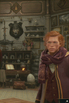 A Man In A Purple Coat Stands In A Room With A Shield On The Wall GIF