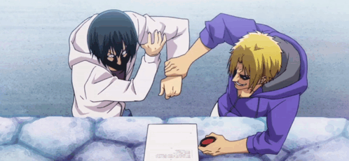 A Man In A Purple Hoodie Is Holding Another Man 'S Elbow GIF