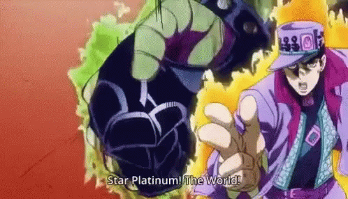 A Man In A Purple Jacket And Hat Is Holding A Yellow Object And Says `` Star Platinum The World '' . GIF