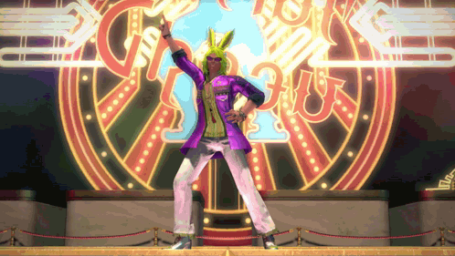 A Man In A Purple Jacket And White Pants Is Dancing In Front Of A Sign That Says ' A ' GIF