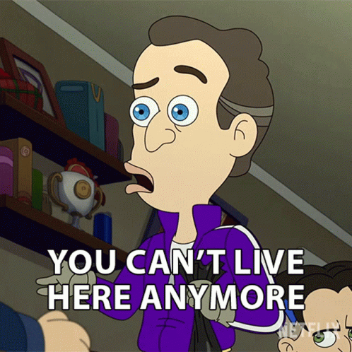A Man In A Purple Jacket Says You Can 'T Live Here Anymore GIF
