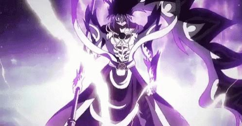 A Man In A Purple Robe Is Holding A Sword And A Purple Light Is Coming Out Of His Chest . GIF