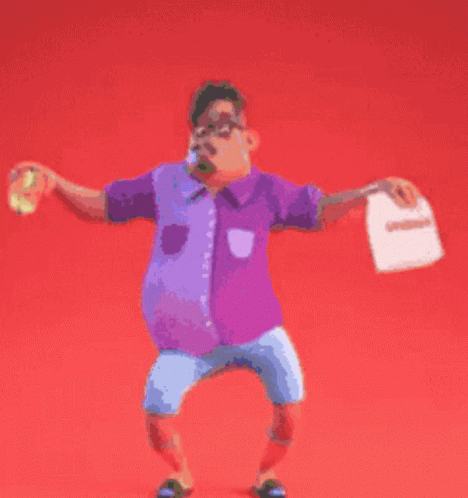 A Man In A Purple Shirt And Blue Shorts Holds A Bag Of Chips GIF