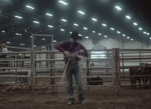 A Man In A Purple Shirt And Hat Is Holding A Lasso In A Rodeo Arena GIF