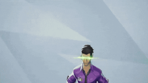 A Man In A Purple Shirt And Tie Has A Badge On His Chest That Says Mc On It GIF