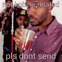 A Man In A Purple Shirt Is Drinking From A Plastic Cup With A Caption That Says Not Kobeni Related Pls Dont Send GIF