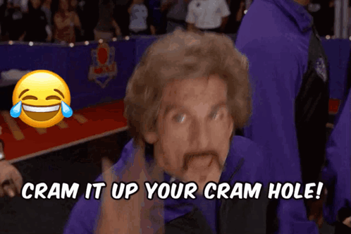 A Man In A Purple Shirt Is Laughing With The Words Cram It Up Your Cram Hole GIF