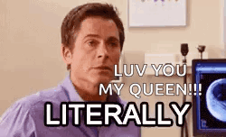 A Man In A Purple Shirt Is Sitting In Front Of A Computer And Saying `` Luv You My Queen '' . GIF