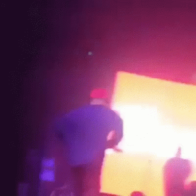 A Man In A Purple Shirt Is Standing In Front Of A Crowd At A Concert GIF