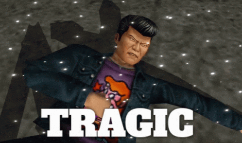 A Man In A Purple Shirt Is Standing In The Snow With The Word Tragic Above Him GIF