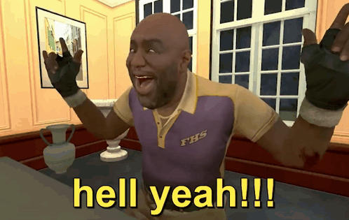 A Man In A Purple Shirt With Fhs On It Says Hell Yeah GIF