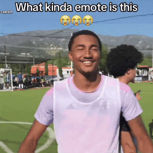A Man In A Purple Shirt With The Words What Kinda Emote Is This On Top GIF
