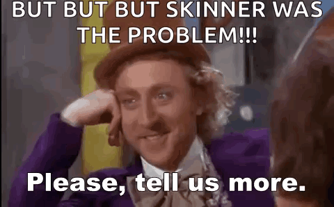 a man in a purple suit and top hat is making a funny face and says `` but but skinner was the problem ! ''
