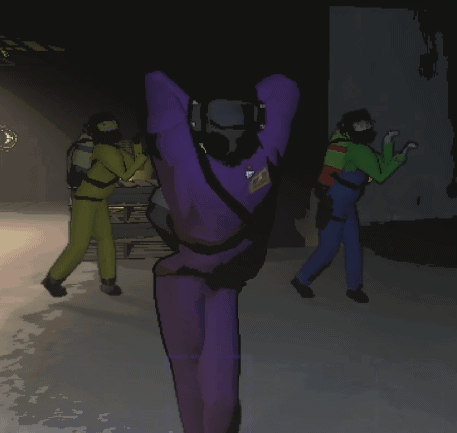 A Man In A Purple Suit Has A Name Tag On His Back That Says " Scuba " GIF