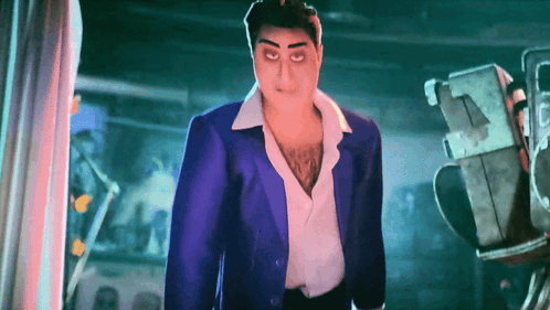 A Man In A Purple Suit Has A Tattoo On His Chest That Says " I Love You " GIF