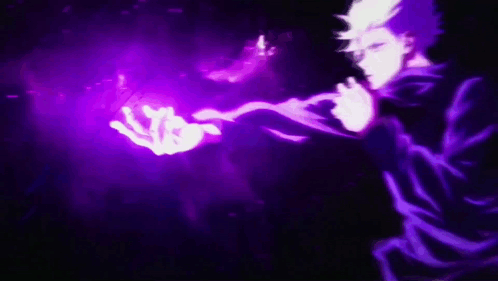 A Man In A Purple Suit Is Holding A Purple Lightning Bolt In His Hand . GIF