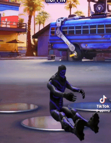 A Man In A Purple Suit Is Sitting In Front Of A Blue Bus GIF