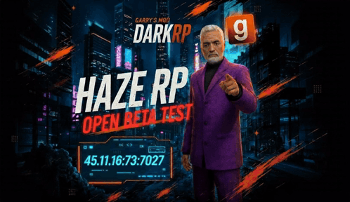 A Man In A Purple Suit Is Standing In Front Of A Sign That Says Haze Rp GIF