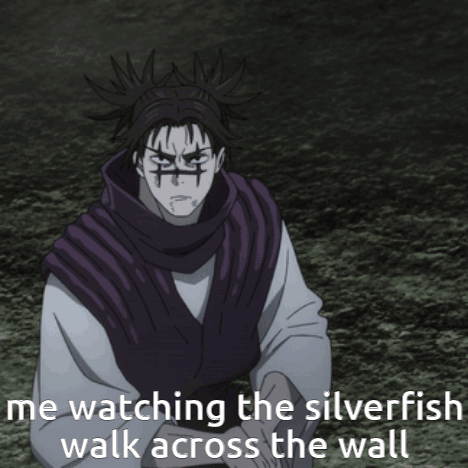 A Man In A Purple Vest Is Watching The Silverfish Walk Across The Wall GIF
