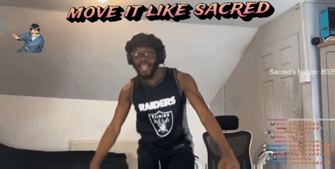 A Man In A Raiders Jersey Is Dancing In Front Of A Screen That Says Move It Like Sacred GIF