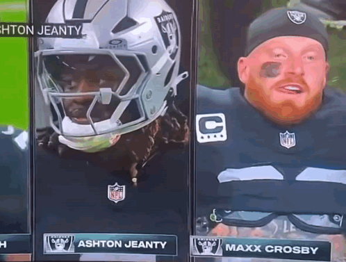 A Man In A Raiders Uniform Stands Next To A Man In A Helmet GIF