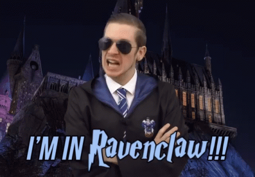 a man in a ravenclaw costume with a castle in the background