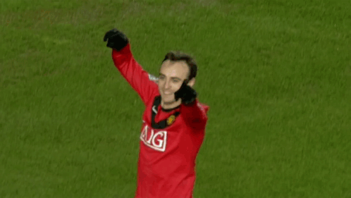 a man in a red aig jersey stands on a green field