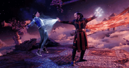 A Man In A Red And Black Robe Is Standing Next To A Man In A Blue And White Shirt GIF