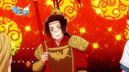 A Man In A Red And Gold Armor Is Holding A Spear In Front Of A Red Background With Stars GIF
