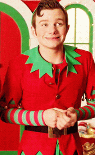 A Man In A Red And Green Elf Costume Smiles For The Camera GIF