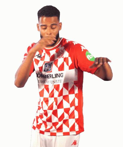 A Man In A Red And White Kommerling Shirt Is Dancing GIF