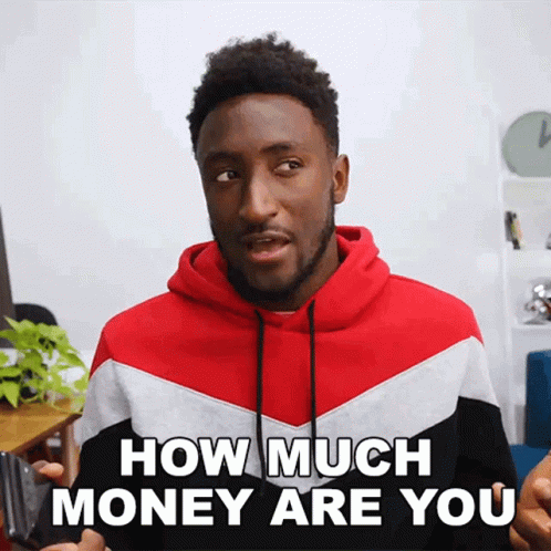 A Man In A Red And White Striped Hoodie Says How Much Money Are You GIF