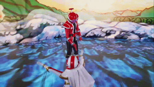 A Man In A Red And White Superhero Costume Is Standing Next To Another Man In A White And Red Costume . GIF