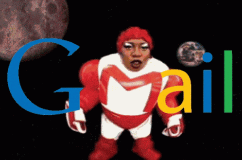 A Man In A Red And White Superhero Costume Stands In Front Of A Google Logo GIF