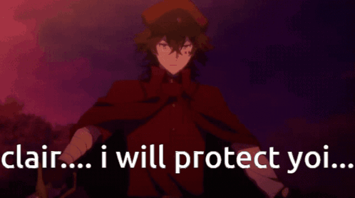 A Man In A Red Cape Is Holding A Sword And Says " Clair ... I Will Protect You " . GIF