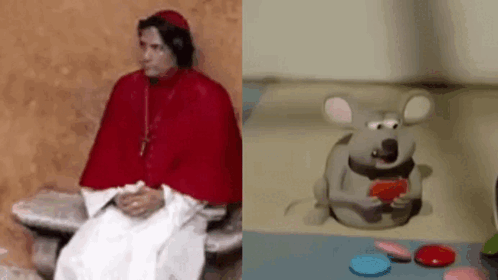 A Man In A Red Cape Is Sitting Next To A Cartoon Mouse GIF