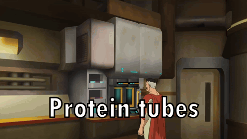 A Man In A Red Cape Is Standing In Front Of A Protein Tubes Machine GIF