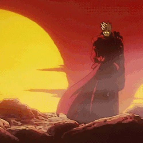 A Man In A Red Cape Is Standing In Front Of A Sunset . GIF
