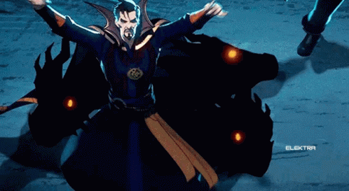 A Man In A Red Cape Is Standing Next To A Woman With The Word Elektra On The Bottom Right GIF