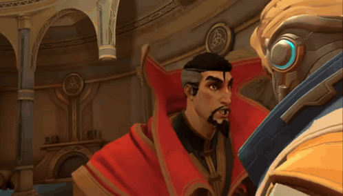 A Man In A Red Cape Is Talking To Another Man In A Suit GIF