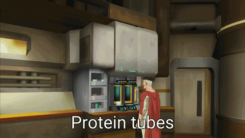 A Man In A Red Cape Stands In Front Of A Machine That Says Protein Tubes On It GIF