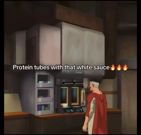 A Man In A Red Cape Stands In Front Of A Machine That Says " Protein Tubes With That White Sauce " GIF